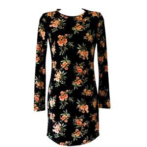 Forever 21 Black Floral Print Knit Dress Junior Size Small Long Sleeves